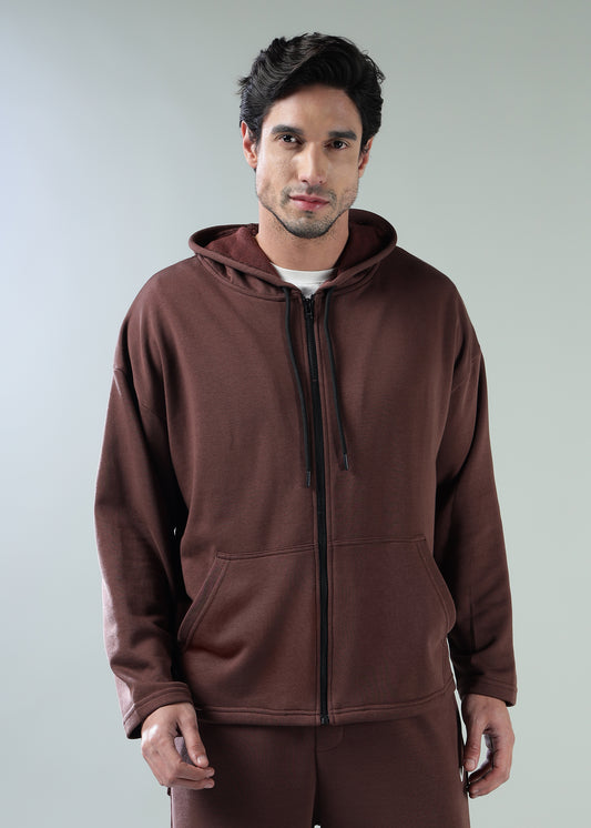 Signature Oversized Zip Up Hoodie Brown